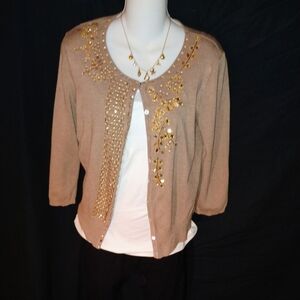 (3for$32)Elegant Retro Style Once Again Tan Cardigan with Gold Embellishments